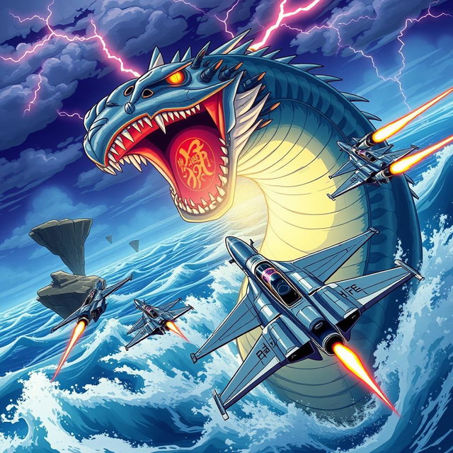 An anime-style dynamic action scene featuring sleek military jets firing missiles as they rush to evade a colossal sea serpent rising menacingly from the ocean