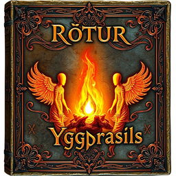 An ancient fantasy book cover, ornamented with elaborate designs and a central flame of fire