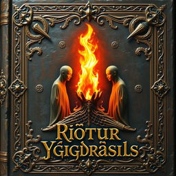 An ancient fantasy book cover, ornamented with elaborate designs and a central flame of fire