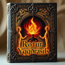 An ancient fantasy book cover, ornamented with elaborate designs and a central flame of fire