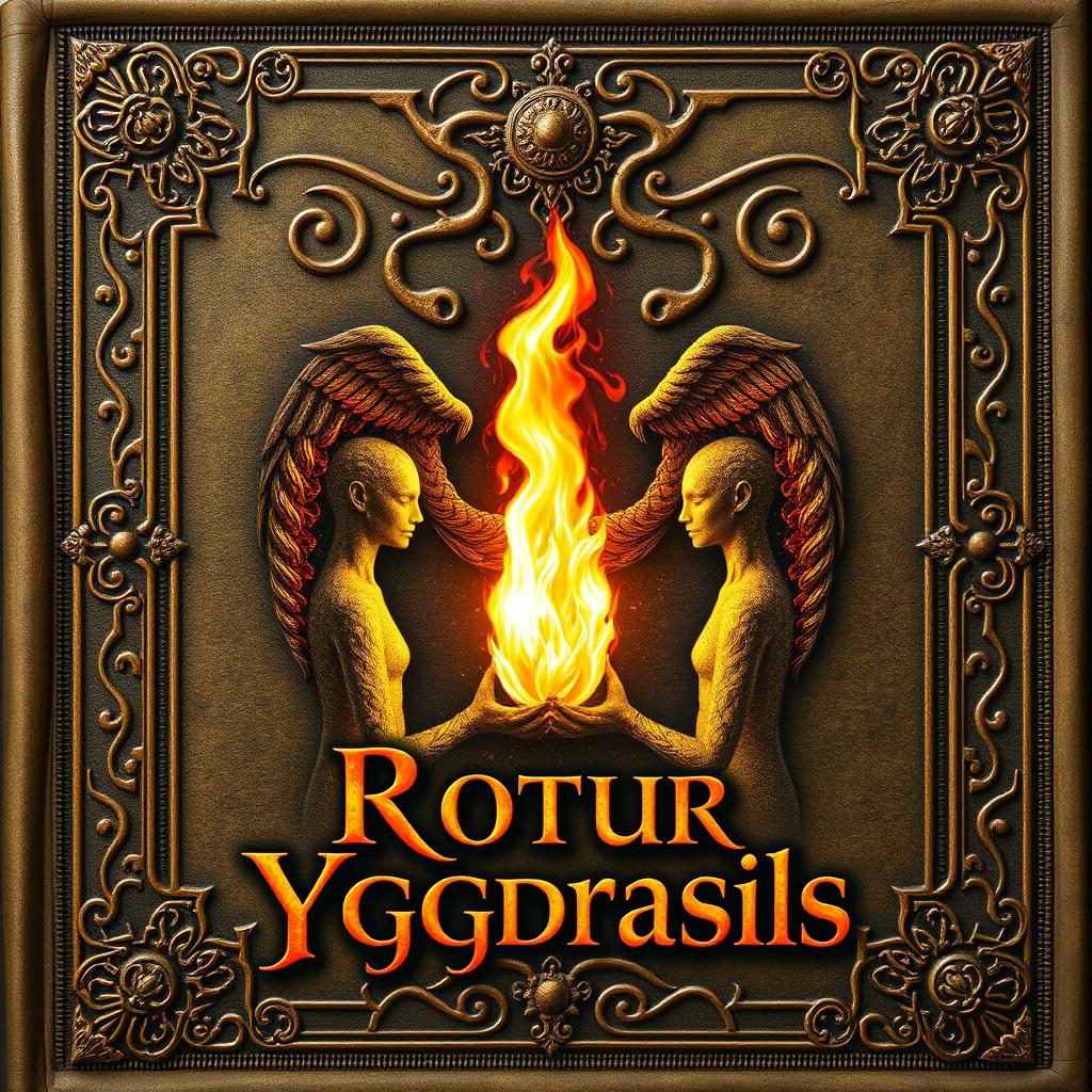 An ancient fantasy book cover, ornamented with elaborate designs and a central flame of fire