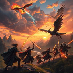 A breathtaking scene depicting an epic battle between fierce warriors and mythical creatures set against a dramatic sunset landscape