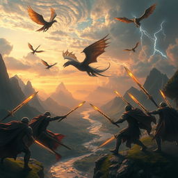 A breathtaking scene depicting an epic battle between fierce warriors and mythical creatures set against a dramatic sunset landscape