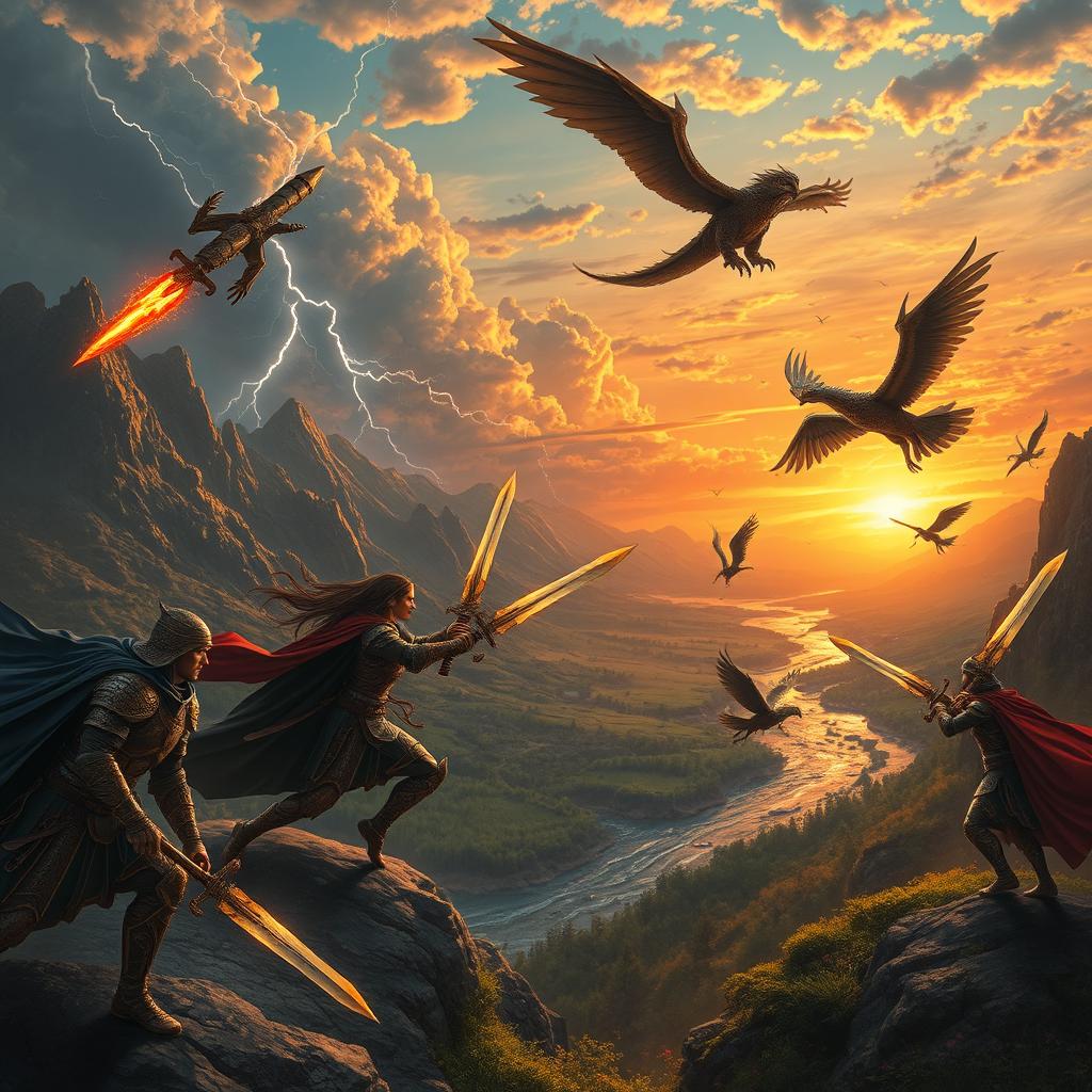 A breathtaking scene depicting an epic battle between fierce warriors and mythical creatures set against a dramatic sunset landscape