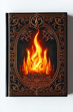 An ancient fantasy book cover featuring ornate embellishments, prominently displaying a central flame