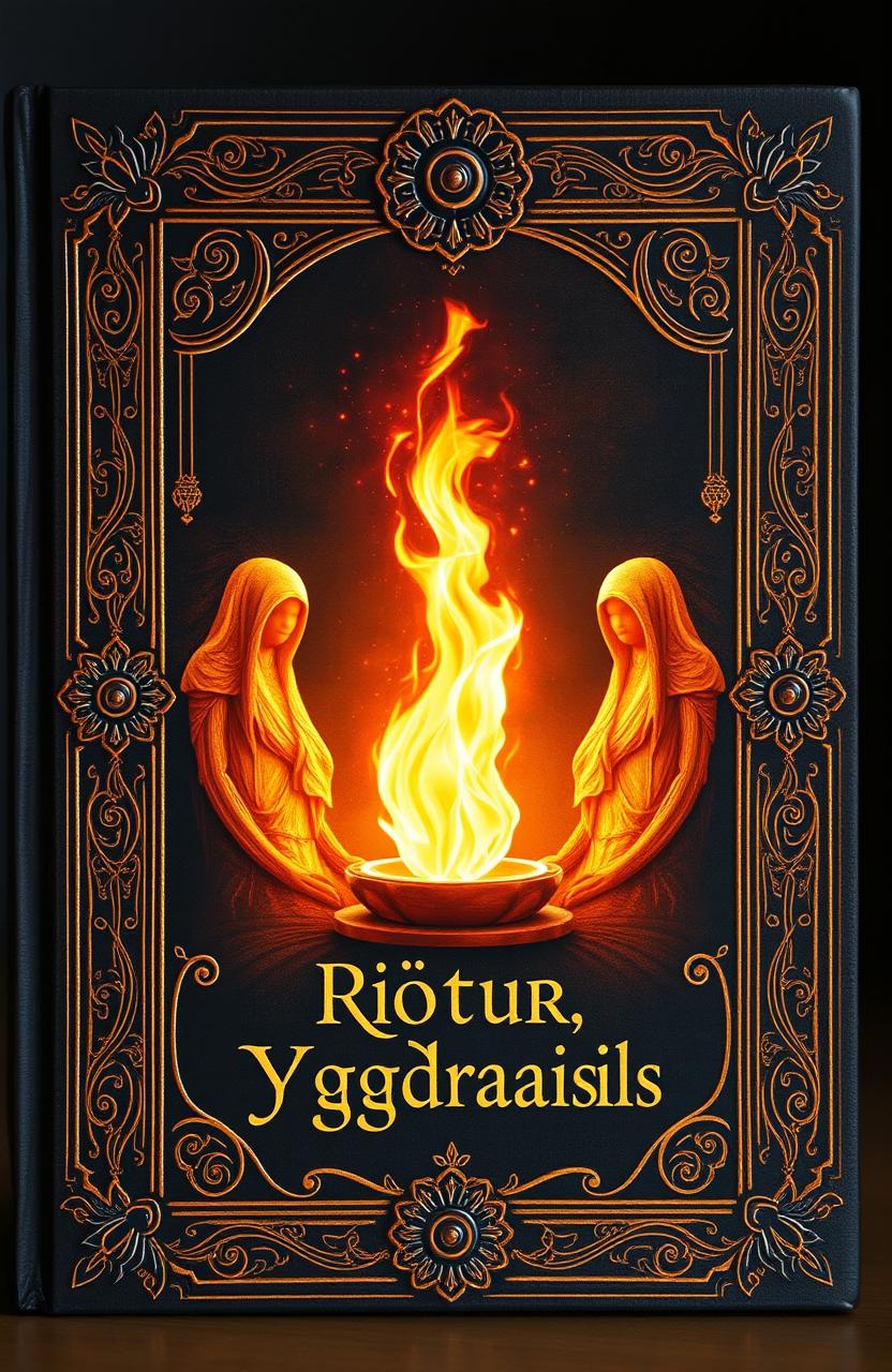An ancient fantasy book cover featuring ornate embellishments, prominently displaying a central flame