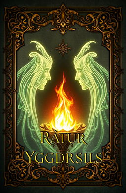An ancient fantasy book cover featuring ornate embellishments, prominently displaying a central flame
