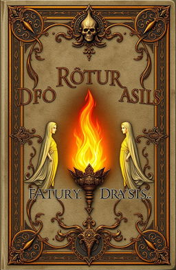 An ancient fantasy book cover featuring ornate embellishments, prominently displaying a central flame