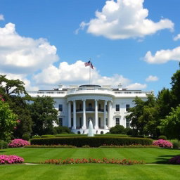 A majestic view of the White House, surrounded by beautiful blooming gardens and lush green lawns