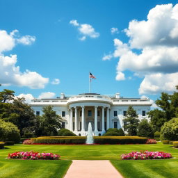 A majestic view of the White House, surrounded by beautiful blooming gardens and lush green lawns