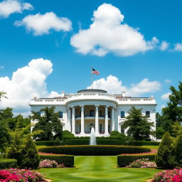 A majestic view of the White House, surrounded by beautiful blooming gardens and lush green lawns