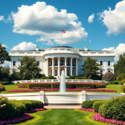 A majestic view of the White House, surrounded by beautiful blooming gardens and lush green lawns