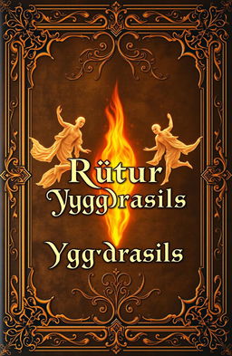 An antique fantasy book cover, ornately designed, featuring a central flame