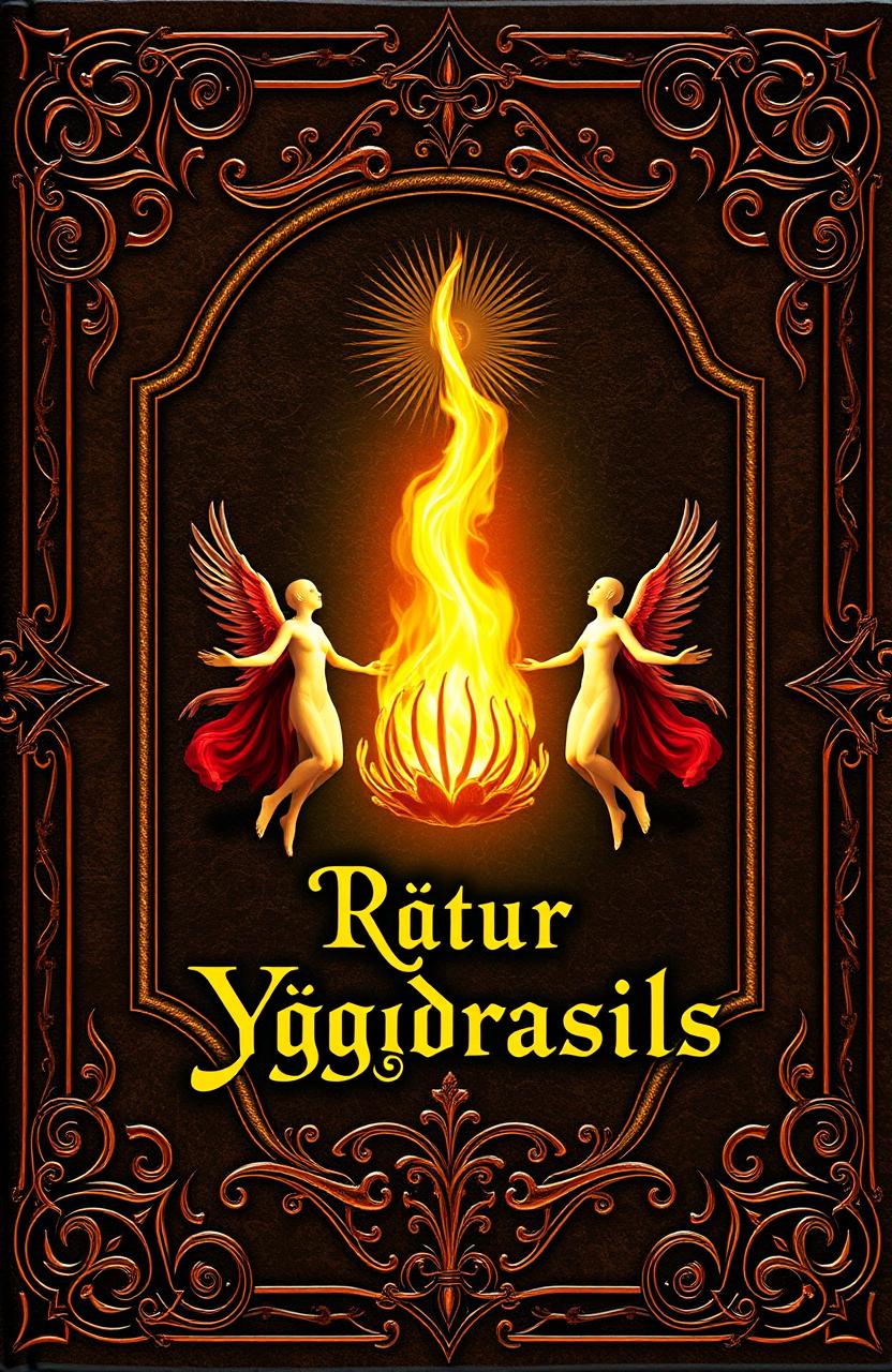 An antique fantasy book cover, ornately designed, featuring a central flame