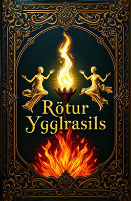 An antique fantasy book cover, ornately designed, featuring a central flame