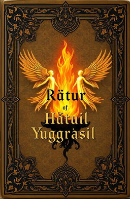 An antique fantasy book cover, ornately designed, featuring a central flame
