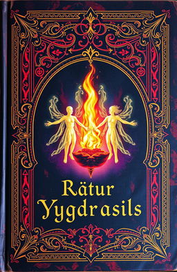 An ancient fantasy book cover, ornately designed with vibrant colors