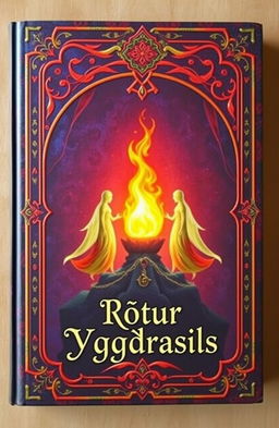 An ancient fantasy book cover, ornately designed with vibrant colors