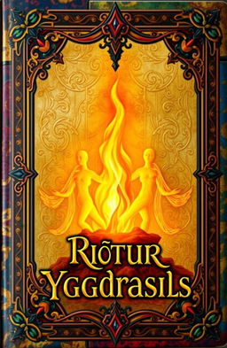 An ancient fantasy book cover, ornately designed with vibrant colors