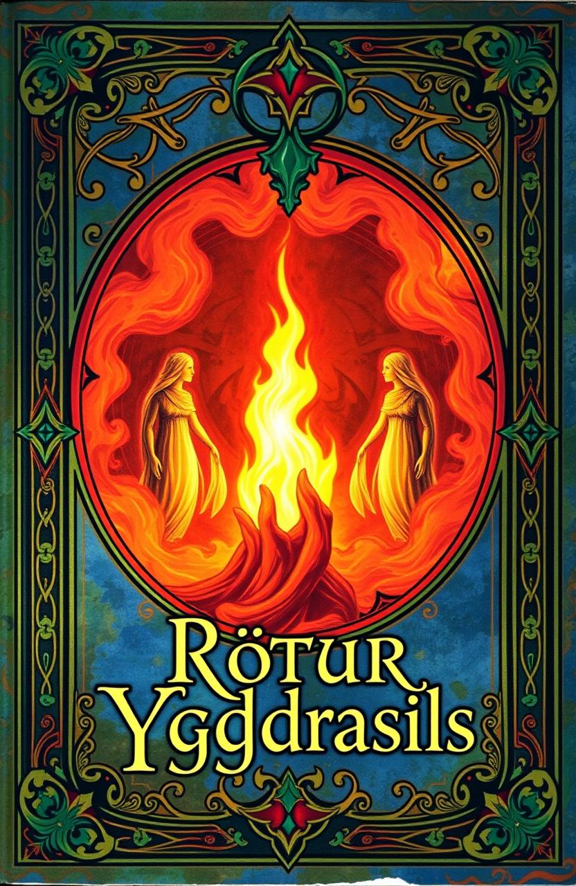 An ancient fantasy book cover, ornately designed with vibrant colors
