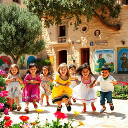 A group of Palestinian children playing joyfully in a vibrant, sunlit courtyard filled with flowers and colorful murals
