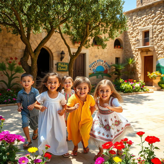 A group of Palestinian children playing joyfully in a vibrant, sunlit courtyard filled with flowers and colorful murals