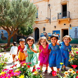 A group of Palestinian children playing joyfully in a vibrant, sunlit courtyard filled with flowers and colorful murals