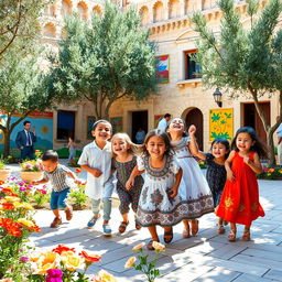 A group of Palestinian children playing joyfully in a vibrant, sunlit courtyard filled with flowers and colorful murals