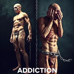 A powerful visual metaphor illustrating the physical damage of addiction, featuring contrasting imagery of a healthy human body and a body showing signs of deterioration due to addiction
