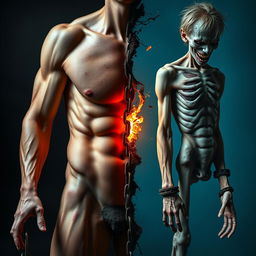 A powerful visual metaphor illustrating the physical damage of addiction, featuring contrasting imagery of a healthy human body and a body showing signs of deterioration due to addiction