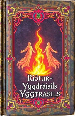 An ancient fantasy book cover, ornately decorated with vibrant colors