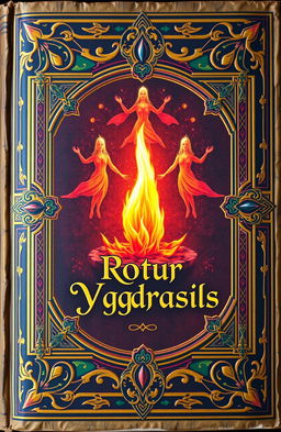 An ancient fantasy book cover, ornately decorated with vibrant colors