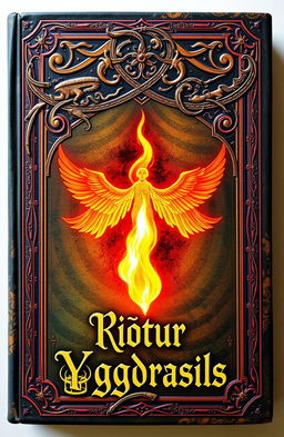 An ancient fantasy book cover, ornately decorated with vibrant colors