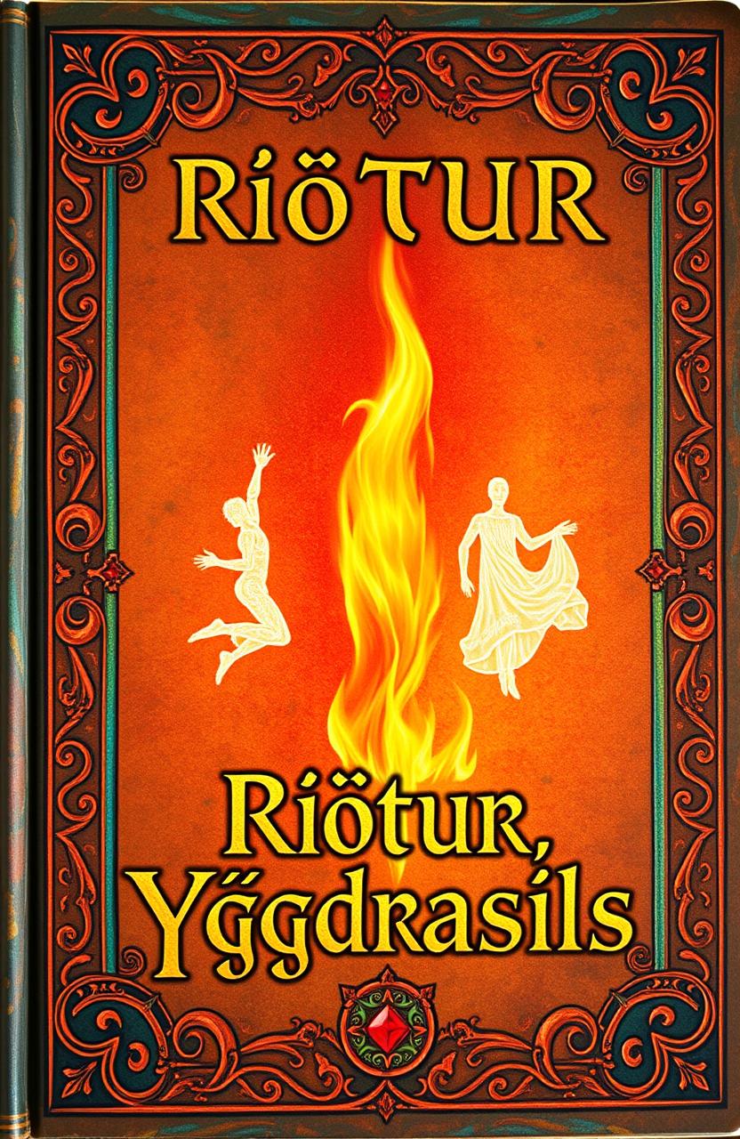 An ancient fantasy book cover, ornately decorated with vibrant colors