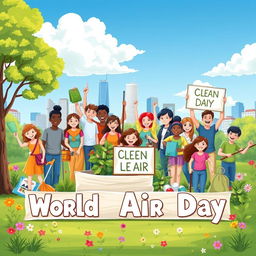 A vibrant and lively illustration celebrating World Clean Air Day, featuring a diverse group of people of different ages and ethnicities joyfully participating in a community clean-up event in a beautiful urban park