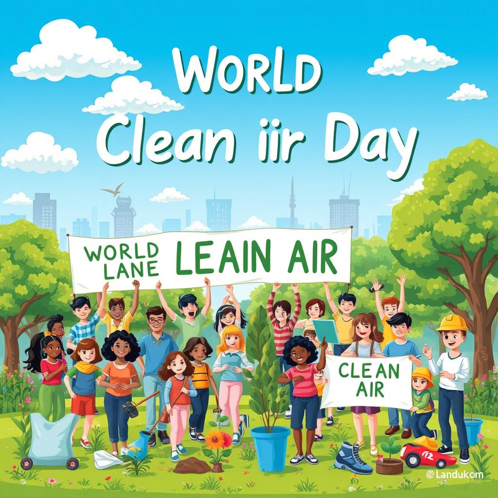 A vibrant and lively illustration celebrating World Clean Air Day, featuring a diverse group of people of different ages and ethnicities joyfully participating in a community clean-up event in a beautiful urban park