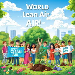 A vibrant and lively illustration celebrating World Clean Air Day, featuring a diverse group of people of different ages and ethnicities joyfully participating in a community clean-up event in a beautiful urban park