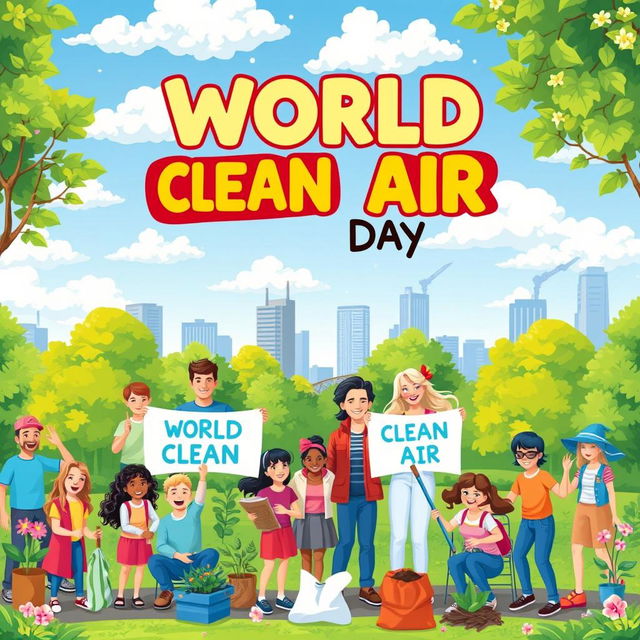 A vibrant and lively illustration celebrating World Clean Air Day, featuring a diverse group of people of different ages and ethnicities joyfully participating in a community clean-up event in a beautiful urban park