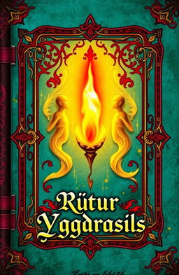 An ancient fantasy book cover, ornately decorated with vibrant colors and a turquoise background