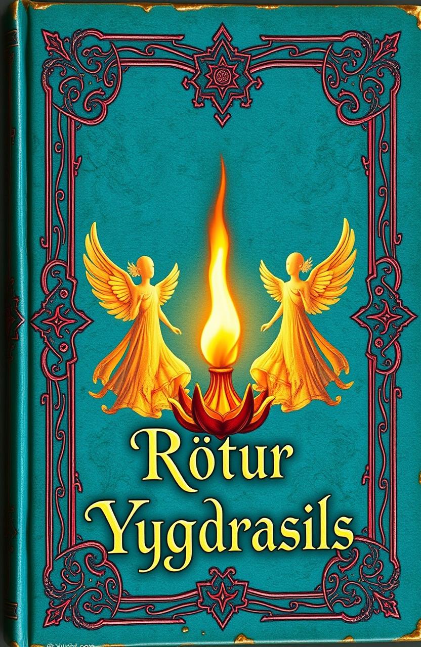 An ancient fantasy book cover, ornately decorated with vibrant colors and a turquoise background