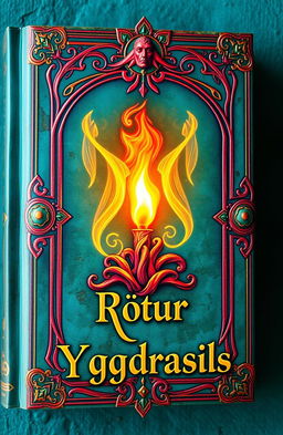An ancient fantasy book cover, ornately decorated with vibrant colors and a turquoise background