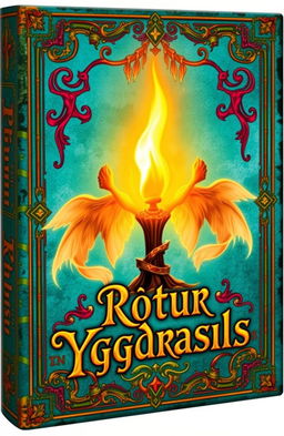 An ancient fantasy book cover, ornately decorated with vibrant colors and a turquoise background