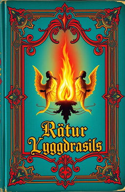 An antique fantasy book cover, ornately designed with vibrant colors and a turquoise background