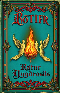 An antique fantasy book cover, ornately designed with vibrant colors and a turquoise background