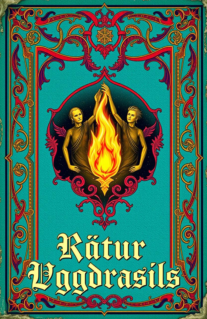 An antique fantasy book cover, ornately designed with vibrant colors and a turquoise background