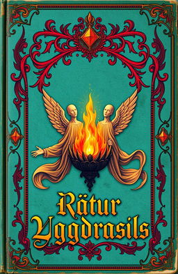 An antique fantasy book cover, ornately designed with vibrant colors and a turquoise background