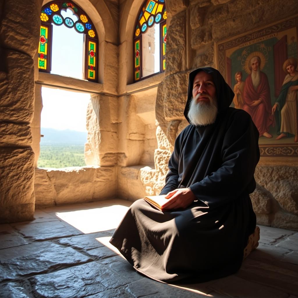 A serene Armenian monk in traditional attire, sitting quietly in an ancient stone monastery
