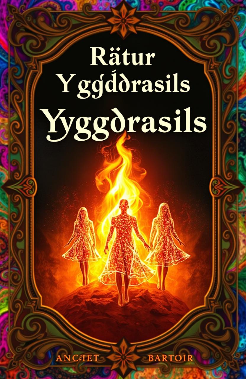 An ornate cover for an ancient fantasy book titled 'Rætur Yggdrasils'