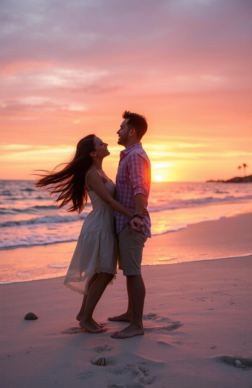 A romantic scene featuring a loving couple, enjoying a peaceful sunset on a beach