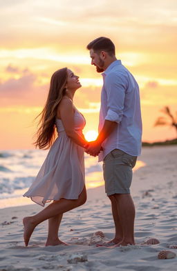 A romantic scene featuring a loving couple, enjoying a peaceful sunset on a beach